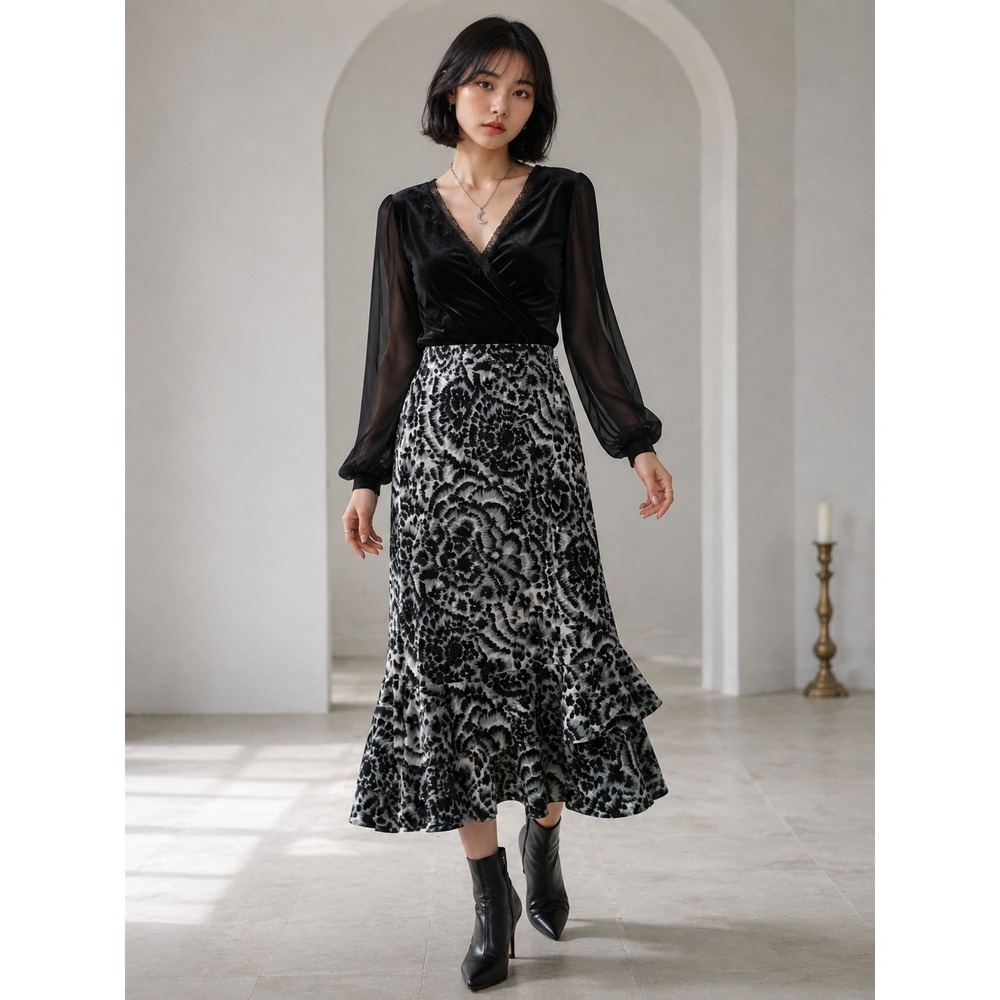 Whimsigoth Boho Artsy Emo Grunge FairygothBlack White Ruffle Hem Midi M Skirt